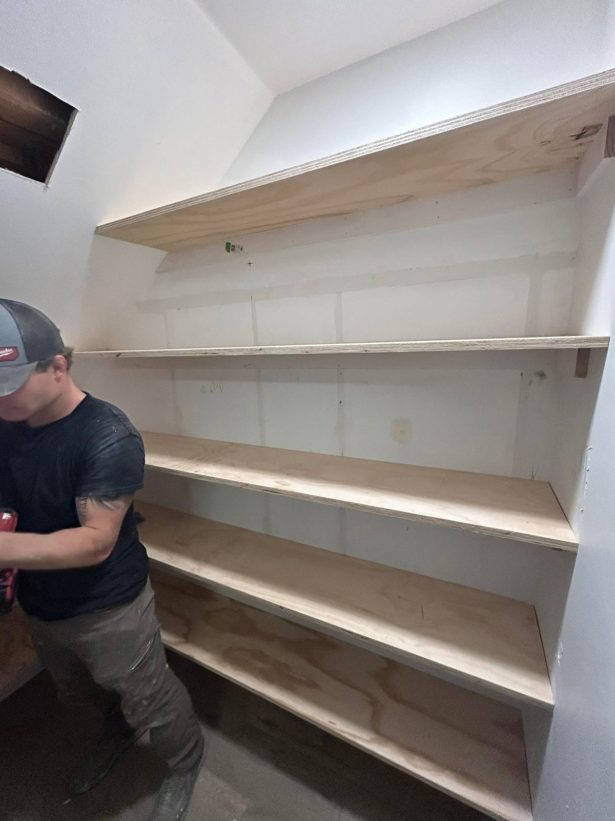 Custom pantry mid-build with raw plywood shelving