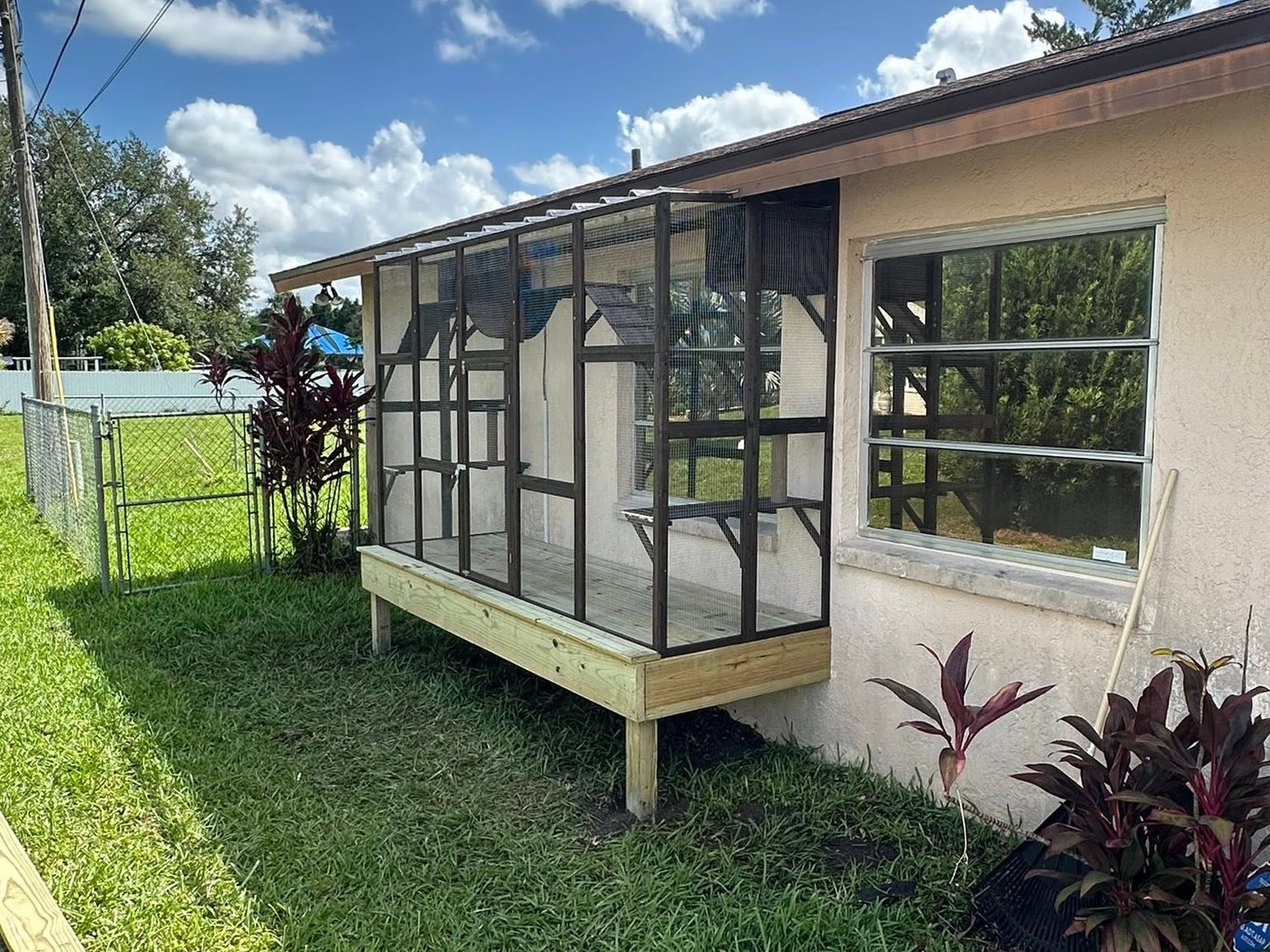 Custom screened catio — an outdoor cat enclosure No Bull built onto a Southwest Florida home